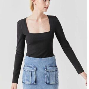 Grey Lab Square Neck Shoulder Pad Bodysuit Size M | MSRP $80 | Color: Black